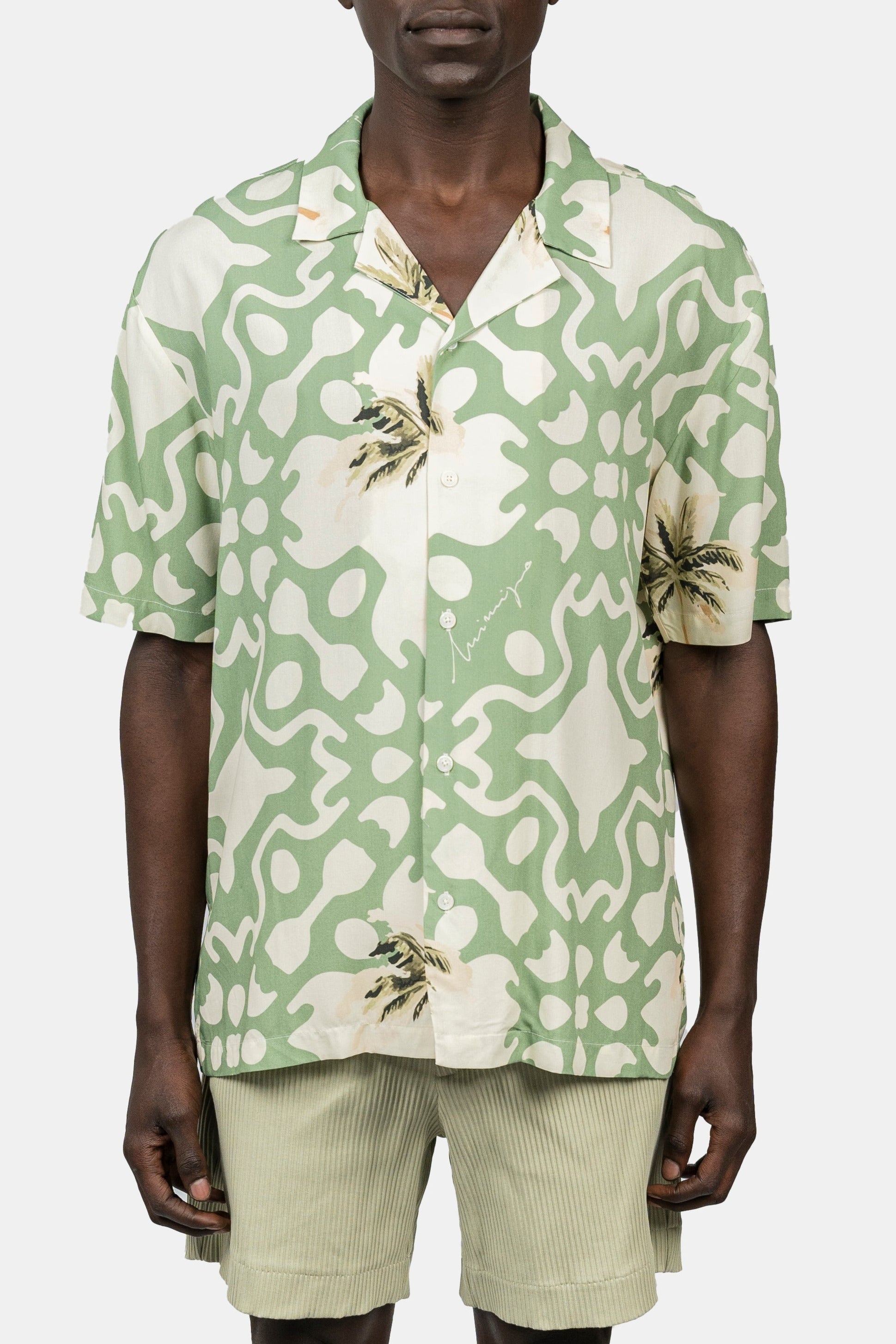 INIMIGO PALM ALL OVER GREEN BUTTON SHIRT FRONT